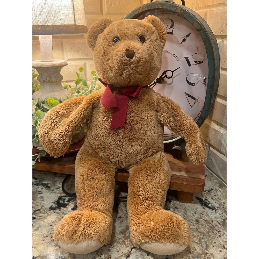 Ty Pluffies 2003 Brown Teddy Bear Plush Stuffed Animal Burgundy Ribbon 14 Inch